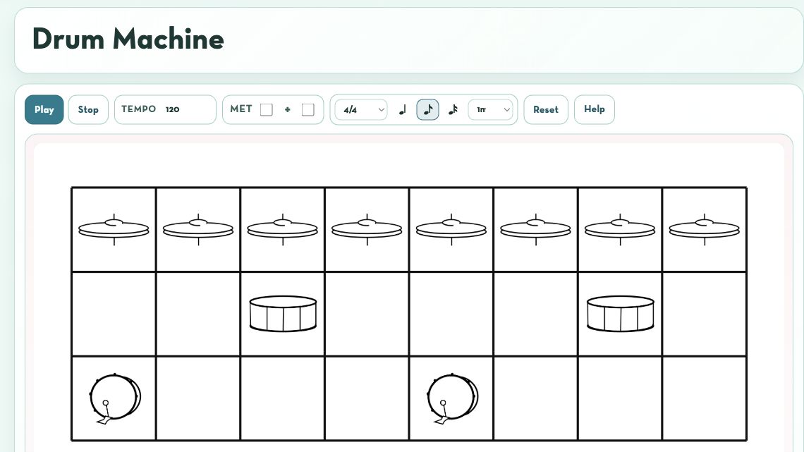 Screenshot of Drum Set Diagrams showing a drum pattern and playback controls.