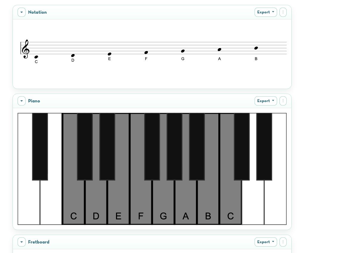 Screenshot of the Improv Scale Library showing C major notation and piano keys.